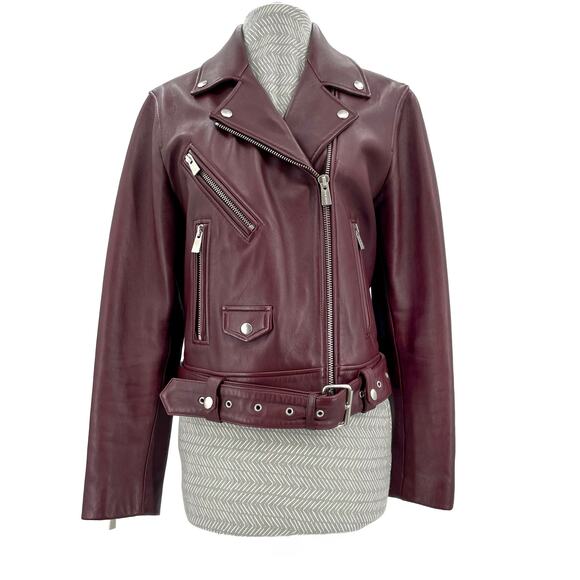 Anine Bing Red Leather Moto Benjamin Jacket Burgundy Biker Fierce Style Size M